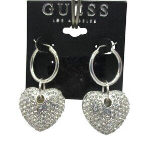 GUESS Silver tone Pave Crystal Puffed Heart Earrings NWT Romantic Valentines Day